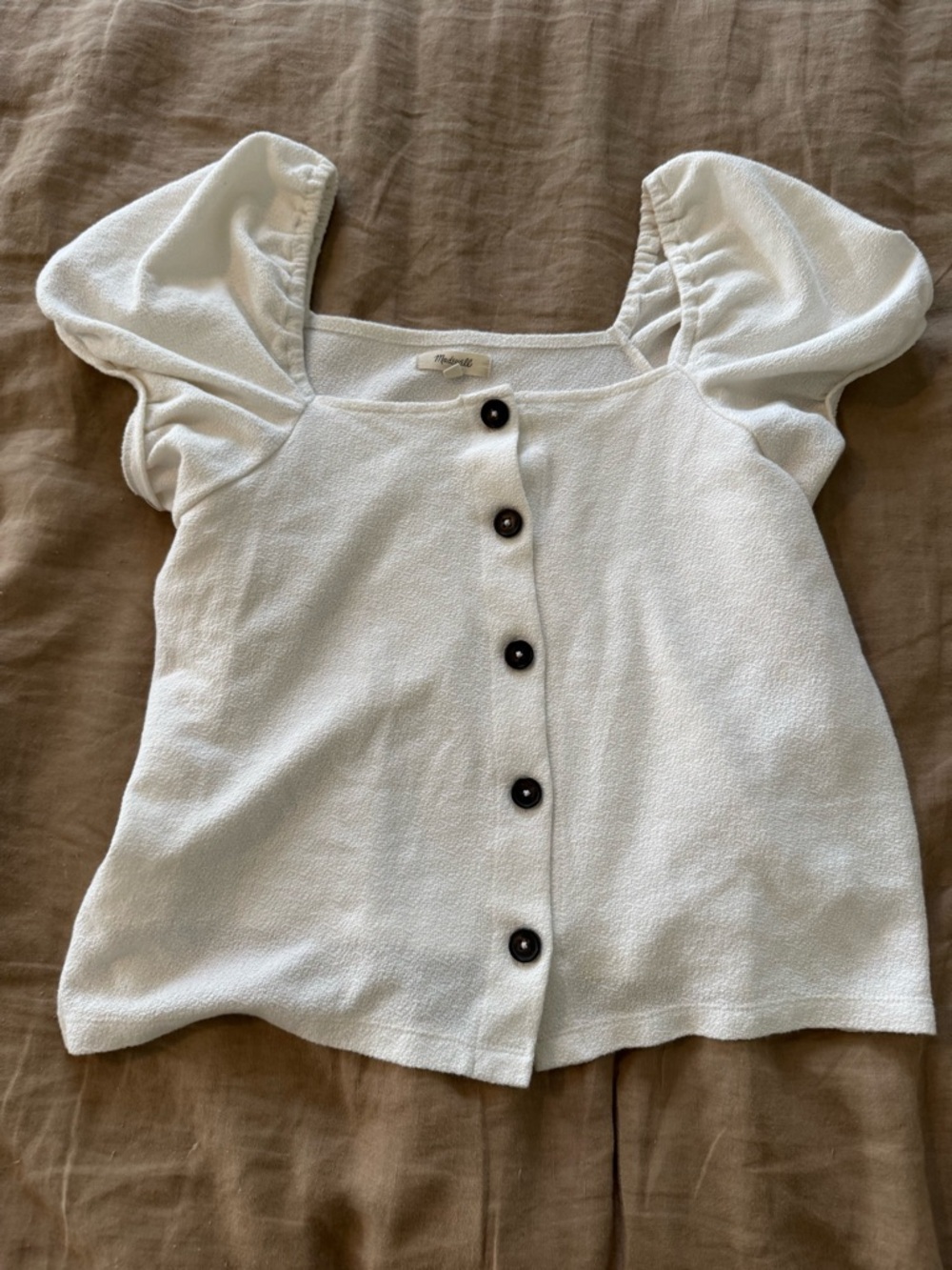 MadeWell White Puff-Sleeve Button Front Top